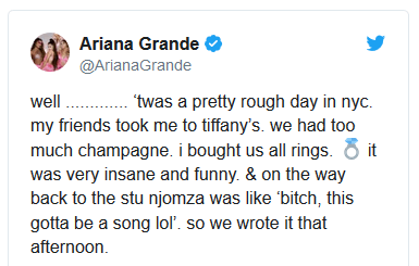Ariana Grande talks about "7 Rings" on Twitter 