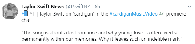Makna lagu cardigan - taylor swift, taylor swift menjelaskan lagunya melalui cuitan twitter.