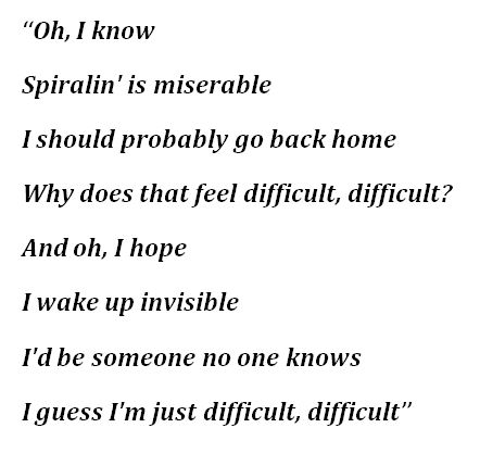 Lyrics to Gracie Abrams' "Difficult"